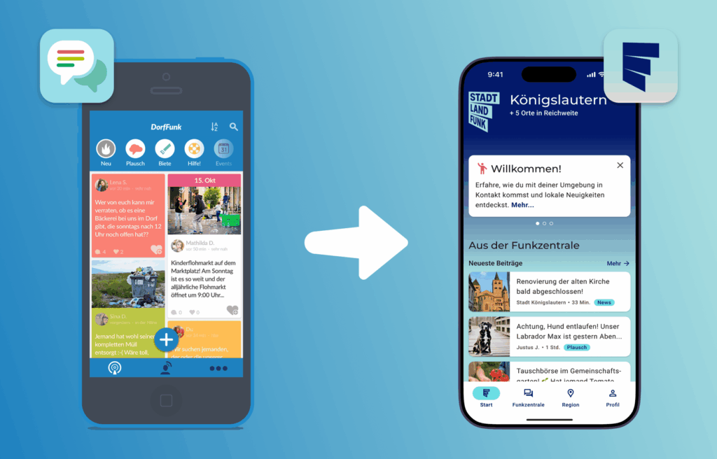 Vergleich der Apps DorfFunk und StadtLandFunk auf zwei Smartphones mit Pfeil dazwischen, App-Logos oben in den Ecken.